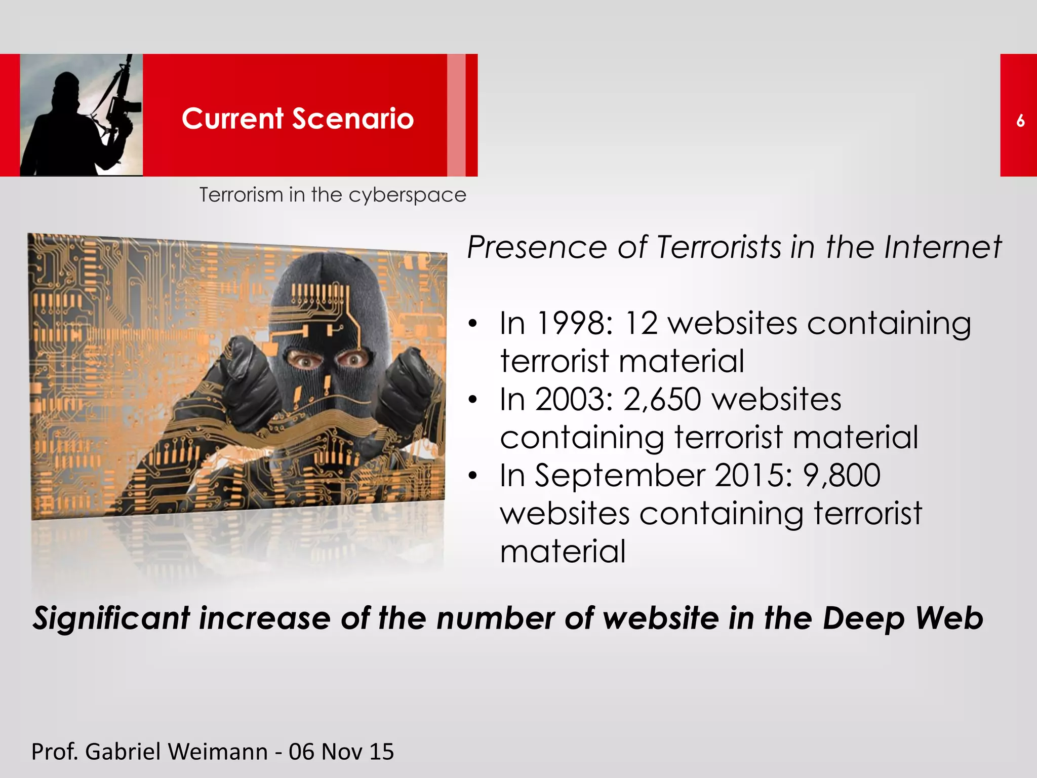 Terrorism in the cyberspace
6
Presence of Terrorists in the Internet
• In 1998: 12 websites containing
terrorist material
• In 2003: 2,650 websites
containing terrorist material
• In September 2015: 9,800
websites containing terrorist
material
Prof. Gabriel Weimann - 06 Nov 15
Current Scenario
Significant increase of the number of website in the Deep Web
 