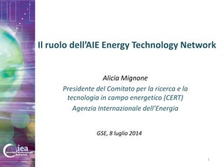 Il ruolo dell’AIE Energy Technology Network
Alicia Mignone
Presidente del Comitato per la ricerca e la
tecnologia in campo energetico (CERT)
Agenzia Internazionale dell’Energia
GSE, 8 luglio 2014
1
 