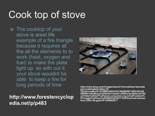 Cook top of stovehttp://www.forestencyclopedia.net/p/p483http://www.bing.com/images/search?q=cooktop+stoves&pq=cooktop&sp=2&sc=8-7&cbir=vw&mid=5C9BBAA6A343C4E80698F15881A6146DB96073AC#focal=d45ade31daa61c35fffce3e78e8ec247&furl=http%3A%2F%2Fwww.consumer.org.nz%2Fcontent%2Fimages%2Fhero%2F0000%2F0617%2FDual-fuel-stoves-hero.220x142.jpg%3F1240962677The cooktop of your stove is areal life example of a fire triangle because it requires all the all the elements to towork (heat, oxygen and fuel) to make the plate light up  so with out it your stove wouldnt be able  to keep a fire for long periods of time
