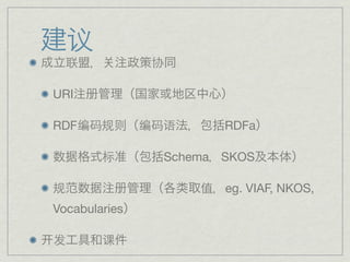 议
    联           协

URI

RDF编码规则        编码语       RDFa

        标        Schema SKOS

规                    值   eg. VIAF, NKOS,
Vocabularies

发       课
 
