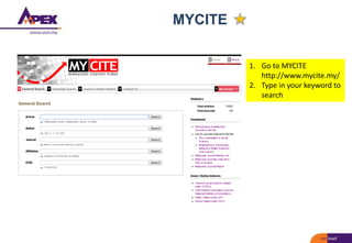 MYCITE
1. Go to MYCITE
http://www.mycite.my/
2. Type in your keyword to
search
 