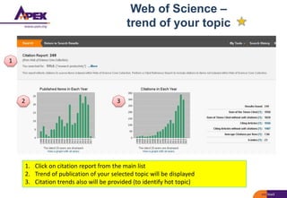 Web of Science –
trend of your topic
1. Click on citation report from the main list
2. Trend of publication of your selected topic will be displayed
3. Citation trends also will be provided (to identify hot topic)
1
2 3
 
