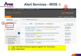 Alert Services - WOS
1. Login into Web of Science (please register for first timer)
2. Click ‘create alert’
1
2
 