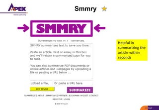 Smmry
Helpful in
summarizing the
article within
seconds
 