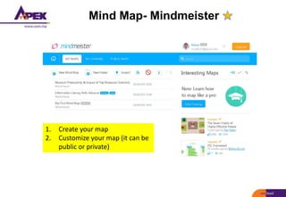 Mind Map- Mindmeister
1. Create your map
2. Customize your map (it can be
public or private)
 
