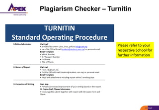 Plagiarism Checker – Turnitin
Please refer to your
respective School for
further information
 