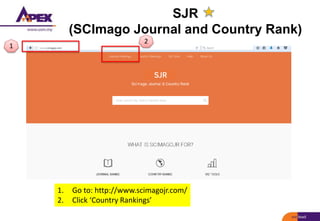 SJR
(SCImago Journal and Country Rank)
1. Go to: http://www.scimagojr.com/
2. Click ‘Country Rankings’
1
2
 