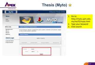 Thesis (Myto)
1. Go to:
http://myto.upm.edu.
my/myTO/myto.html
2. Type your keyword
3. Click search
 