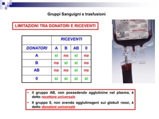 LIMITAZIONI TRA DONATORI E RICEVENTI
• il gruppo AB, non possedendo agglutinine nel plasma, è
detto recettore universale
• Il gruppo 0, non avendo agglutinogeni sui globuli rossi, è
detto donatore universale
RICEVENTI
DONATORI A B AB 0
A sì no sì no
B no sì sì no
AB no no sì no
0 sì sì sì sì
Gruppi Sanguigni e trasfusioni
 