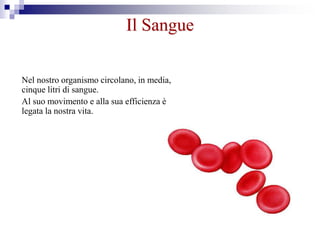 Nel nostro organismo circolano, in media,
cinque litri di sangue.
Al suo movimento e alla sua efficienza è
legata la nostra vita.
Il Sangue
 