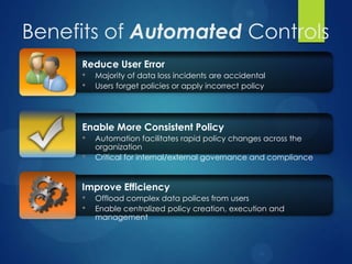 Benefits of Automated Controls
     Reduce User Error
     • Majority of data loss incidents are accidental
     • Users forget policies or apply incorrect policy



     Enable More Consistent Policy
     • Automation facilitates rapid policy changes across the
         organization
     •   Critical for internal/external governance and compliance


     Improve Efficiency
     • Offload complex data polices from users
     • Enable centralized policy creation, execution and
         management
 