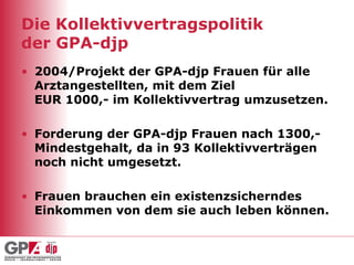 Die Kollektivvertragspolitik der GPA-djp <ul><li>2004/Projekt der GPA-djp Frauen für alle Arztangestellten, mit dem Ziel  ...