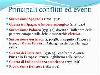 Principali conflitti ed eventi
Successione Spagnola (1702-1713):
Guerra tra Spagna e Impero asburgico (1718-1720)
Successione Polacca (1733-38), dovuta all’influenza delle
potenze europee sulla debole monarchia elettiva.
Successione Austriaca (1740-48), in seguito all’ascesa al
trono di Maria Teresa di Asburgo, in deroga alla legge
salica.
Guerra dei Sette anni (1756-63): confronto Austria-
Prussia in Europa e Francia-Inghilterra nelle colonie.
Guerra di Indipendenza americana (1776-1781)
Rivoluzione francese (1789-1799)
 