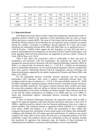 International Letters of Social and Humanistic Sciences 2(2) (2015) 152-166
-161-
OSE -0.18 -0.02 0.83 1.00 0.52 0.72 0.28
FT 0.31 0.21 0.85 0.52 1.00 0.41 -0.11
BM 0.15 0.22 0.47 0.72 0.41 1.00 0.02
F_SIZE 0.44 0.43 0.34 0.28 -0.11 0.02 1,00
5. 3. Regression Result
OLS Regression results shown in table 4 states that transparency and disclosure index is
significant positive related to the indicators of firm performance that are return on assert
(ROA) and return on equity (ROE). The value of F-test shows that the model is best fit to data
and Durbin Watson statistics shows that there are not significant serial correlation are present
among the variables. According to confidence interval approach the t-value and p-value
stratifying the relationship between ROA, ROE and T&D index are at significant level (t =
2.295 & P-value = 0.0054) which support the first hypothesis of study (H1) that there is
positive relationship between transparency & disclosure and firm financial performance. Our
result regarding T&D and firm performance are supported by previous studies. (Owusu &
Yeoh, 2005 & Ntim, et al., 2012).
Table 4 also shows the econometric result of relationship of three sub level of
transparency and disclosure with firm performance. By analyzing the result for board
management structure process disclosure with firm financial performance indicators (ROA &
ROE), it is observed that all statistical values (t = 2.105 & P = 0.0051) are documenting
positive relationship among them. So our second proposed hypothesis (H2) has accepted that
there exist, positive relationship between board & management structure disclosure and
financial performance supported by the studies conducted by Florackis and Ozkan (2004) and
Klein, et al. (2005).
For the relationship between ownership structure disclosure and firm financial
performance (H3) indicators, there exists a negative relationship between them. The
confidence interval value of t-statistics (t = -2.47 & -3.82) and probability statistics (P = 0.009
& 0.004) confirmed the significant negative relation between ownership structure disclosure
and ROA and ROE respectively. The negative relations between these variables also depict
the notion that companies often not willing to disclose the proper information about major
owners/shareholders or most firms in Pakistan are family oriented. These statistical result are
in line with the studies conducted by as Callahan, et al. (2004) and Luo, et al. (2006), in
which they documented negative relationship between ownership structure and firm
performance.
In terms of financial information disclosure, the regression results listed in table 4
support the proposed hypothesis (H4) that financial information disclosure a (sub level of
T&D) is significant positive related to the firm financial performance when size is taken as
control variables. The coefficient estimate is significant to ROA and ROE at 1 % significant
level. Henry, (2008) and Renders, et al. (2010) also documented in their studies that
companies disclosing more information in their annual reports will enhance their shareholder
confidence and ultimately this will impact upon their performance. In relation to our control
variable of the study, table 4 result reveals that firm size is an important predator of the firm
profitability. Larger firm willing to disclose more information as they are regularly watched
and monitored by regulators and ultimately enjoy the benefits of these disclosure by
establishing trust/confidence of customers and shareholders in terms of profitability.
 