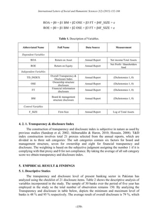 International Letters of Social and Humanistic Sciences 2(2) (2015) 152-166
-159-
ROA = β0 + β1 BM + β2 OSE + β3 FT + β4F_SIZE + e
ROE = β0 + β1 BM + β2 OSE + β3 FT + β4F_SIZE + e
Table 1. Description of Variables.
4. 2. 1. Transparency & disclosure Index
The construction of transparency and disclosure index is subjective in nature as used by
previous studies (Sandeep et al, 2002; Akhtaruddin & Haron, 2010; Hossain, 2008). T&D
index construction involves total 21 proxies selected from the annual reports, which are
divided in to three sub categories: The sub categories contain six factors for board and
management structure, seven for ownership and eight for financial transparency and
disclosure. The weighting is based on the subjective judgment assigning the number 1 if it is
complying with that proxy and 0 for not compliance. By taking the average of all sub category
score we obtain transparency and disclosure index.
5. EMPIRICAL RESULT & FINDINGS
5. 1. Descriptive Statics
The transparency and disclosure level of present banking sector in Pakistan has
analyzed using the checklist of 21 disclosure items. Table 2 shows the descriptive analysis of
variables incorporated in the study. The sample of 30 banks over the period of five year has
employed in the study so the total number of observation remains 150. By analyzing the
Transparency and disclosure in table below, depicts the minimum and maximum level of
banks is 48 % and 95 % respectively. The average result of overall disclosure is 79 %, which
Abbreviated Name Full Name Data Source Measurement
Dependent Variables
ROA Return on Asset Annual Report Net income/Total Assets
ROE Return on Equity Annual Report
Net Profit / Shareholders
fund
Independent Variables
TD_INDEX
Overall Transparency &
Disclosure Index
Annual Report (Dichotomies 1, 0)
OSE
Ownership structure
disclosure
Annual Report (Dichotomies 1, 0)
FT
Financial information
disclosure
Annual Report (Dichotomies 1, 0)
BM
Board & management
structure disclosure
Annual Report (Dichotomies 1, 0)
Control Variables
F_SIZE Firm Size Annual Report Log of Total Assets
 