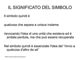 IL SIGNIFICATO DEL SIMBOLO
Il simbolo quindi è

qualcosa che separa e unisce insieme

rievocando l'idea di una unità che esisteva ed è
   andata perduta, ma che può essere recuperata

Nel simbolo quindi è essenziale l'idea del “rinvio a
 qualcosa d'altro da sé”
Martino Sacchi /www.ariannascuola.eu
 
