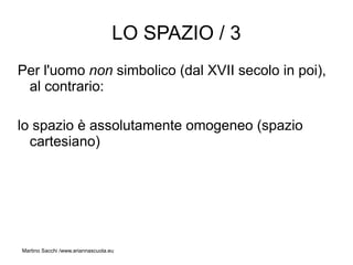 LO SPAZIO / 3
Per l'uomo non simbolico (dal XVII secolo in poi),
 al contrario:

lo spazio è assolutamente omogeneo (spazio
  cartesiano)




Martino Sacchi /www.ariannascuola.eu
 