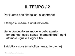 IL TEMPO / 2
Per l'uomo non simbolico, al contrario:

il tempo è lineare e unidirezionale

viene concepito sul modello dello spazio
  omogeneo, ossia senza “momenti forti”: ogni
  attimo è uguale a ogni altro

è ridotto a cosa (simbolicamente, l'orologio)
Martino Sacchi /www.ariannascuola.eu
 
