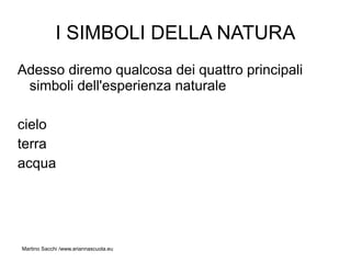 I SIMBOLI DELLA NATURA
Adesso diremo qualcosa dei quattro principali
 simboli dell'esperienza naturale

cielo
terra
acqua




Martino Sacchi /www.ariannascuola.eu
 