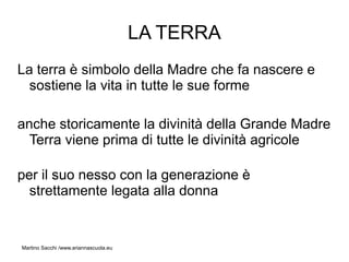 LA TERRA
La terra è simbolo della Madre che fa nascere e
  sostiene la vita in tutte le sue forme

anche storicamente la divinità della Grande Madre
  Terra viene prima di tutte le divinità agricole

per il suo nesso con la generazione è
  strettamente legata alla donna


Martino Sacchi /www.ariannascuola.eu
 