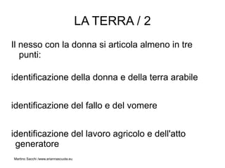 LA TERRA / 2
Il nesso con la donna si articola almeno in tre
   punti:

identificazione della donna e della terra arabile


identificazione del fallo e del vomere


identificazione del lavoro agricolo e dell'atto
 generatore
Martino Sacchi /www.ariannascuola.eu
 