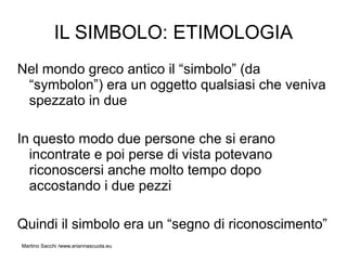 IL SIMBOLO: ETIMOLOGIA
Nel mondo greco antico il “simbolo” (da
 “symbolon”) era un oggetto qualsiasi che veniva
 spezzato in due

In questo modo due persone che si erano
  incontrate e poi perse di vista potevano
  riconoscersi anche molto tempo dopo
  accostando i due pezzi

Quindi il simbolo era un “segno di riconoscimento”
Martino Sacchi /www.ariannascuola.eu
 