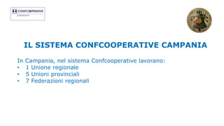 IL SISTEMA CONFCOOPERATIVE CAMPANIA
In Campania, nel sistema Confcooperative lavorano:
• 1 Unione regionale
• 5 Unioni provinciali
• 7 Federazioni regionali
 