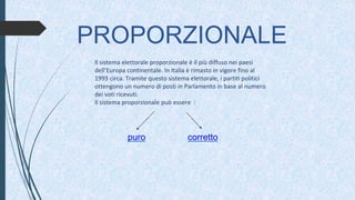 PROPORZIONALE
puro corretto
Il sistema elettorale proporzionale è il più diffuso nei paesi
dell’Europa continentale. In Italia è rimasto in vigore fino al
1993 circa. Tramite questo sistema elettorale, i partiti politici
ottengono un numero di posti in Parlamento in base al numero
dei voti ricevuti.
Il sistema proporzionale può essere :
 