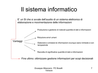 Giuseppe Albezzano ITC Boselli
Varazze
7
Il sistema informatico
E’ un SI che si avvale dell’ausilio di un sistema elettron...