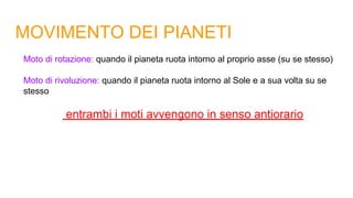 MOVIMENTO DEI PIANETI
Moto di rotazione: quando il pianeta ruota intorno al proprio asse (su se stesso)
Moto di rivoluzione: quando il pianeta ruota intorno al Sole e a sua volta su se
stesso
entrambi i moti avvengono in senso antiorario
 