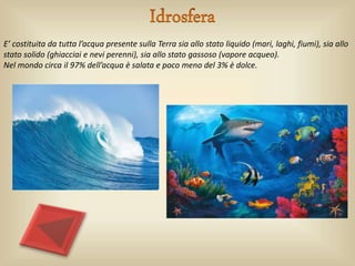 E’ costituita da tutta l’acqua presente sulla Terra sia allo stato liquido (mari, laghi, fiumi), sia allo
stato solido (ghiacciai e nevi perenni), sia allo stato gassoso (vapore acqueo).
Nel mondo circa il 97% dell’acqua è salata e poco meno del 3% è dolce.
 