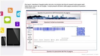 Per layout, intendiamo l'aspetto grafico del sito e la struttura dei blocchi presenti sulle pagine web!
Nelle attuali versioni dei siti Google, i moduli presenti all'interno delle pagine prevedono le posizioni
evidenziate sotto.:
Modulo 2: quarta lezione - A. Todaro
Questa è la barra orizzontale
Questa
è la
barra
verticale
del
menù
Questa è la posizione del Piè di pagina
Questa è la posizione dell'intestazione di pagina
 