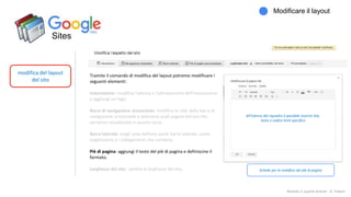 Sites
modifica del layout
del sito
Modificare il layout
Modulo 2: quarta lezione - A. Todaro
Tramite il comando di modifica del layout potremo modificare i
seguenti elementi:
Intestazione: modifica l'altezza e l'allineamento dell'intestazione
e aggiungi un logo.
Barra di navigazione orizzontale: modifica lo stile della barra di
navigazione orizzontale e seleziona quali pagine del tuo sito
verranno visualizzate in questa zona.
Barra laterale: scegli cosa definire come barra laterale, come
organizzarla e i collegamenti che contiene
Piè di pagina: aggiungi il testo del piè di pagina e definiscine il
formato.
Larghezza del sito: cambia la larghezza del sito. Schede per la modifica del piè di pagina
All'interno del riquadro è possibile inserire link,
testo o codice html specifico
 