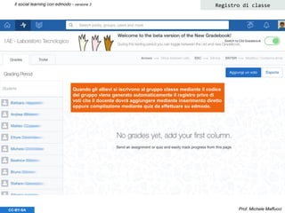 Prof. Michele MaffucciCC-BY-SA
Il social learning con edmodo - versione 3 Registro di classe
Quando gli allievi si iscrivono al gruppo classe mediante il codice
del gruppo viene generato automaticamente il registro privo di
voti che il docente dovrà aggiungere mediante inserimento diretto
oppure compilazione mediante quiz da effettuare su edmodo.
 