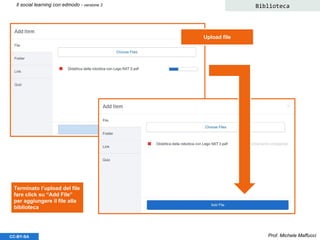 Prof. Michele MaffucciCC-BY-SA
Il social learning con edmodo - versione 3 Biblioteca
Upload file
Terminato l’upload del file
fare click su “Add File”
per aggiungere il file alla
biblioteca
 