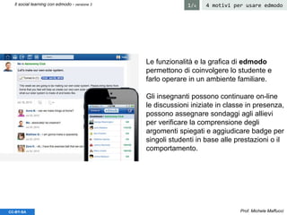 Prof. Michele MaffucciCC-BY-SA
4 motivi per usare edmodoIl social learning con edmodo - versione 3 1/4
Le funzionalità e la grafica di edmodo
permettono di coinvolgere lo studente e
farlo operare in un ambiente familiare.
Gli insegnanti possono continuare on-line
le discussioni iniziate in classe in presenza,
possono assegnare sondaggi agli allievi
per verificare la comprensione degli
argomenti spiegati e aggiudicare badge per
singoli studenti in base alle prestazioni o il
comportamento.
 