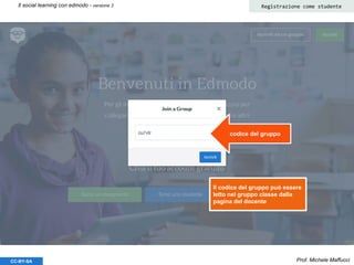 Prof. Michele MaffucciCC-BY-SA
Il social learning con edmodo - versione 3 Registrazione come studente
codice del gruppo
Il codice del gruppo può essere
letto nel gruppo classe dalla
pagina del docente
 