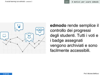 Prof. Michele MaffucciCC-BY-SA
4 motivi per usare edmodoIl social learning con edmodo - versione 3 2/4
edmodo rende semplice il
controllo dei progressi
degli studenti. Tutti i voti e
i badge assegnati
vengono archiviati e sono
facilmente accessibili.
 