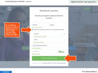 Prof. Michele MaffucciCC-BY-SA
Il social learning con edmodo - versione 3 Registrazione come genitore
Se si mette la
spunta in fase di
registrazione si
verrà subito
associati alla
classe del figlio
 