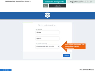 Prof. Michele MaffucciCC-BY-SA
Il social learning con edmodo - versione 3 registrazione al sitomodalità insegnante
edmodo3/3
indicazione opzionale che
non influisce sulle
funzionalità
 