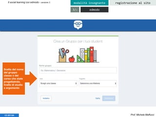 Prof. Michele MaffucciCC-BY-SA
Il social learning con edmodo - versione 3 registrazione al sitomodalità insegnante
edmodo3/3
Scelta del nome
del gruppo
classe o del
corso che state
progettatndo,
livello di studio
e argomento
 