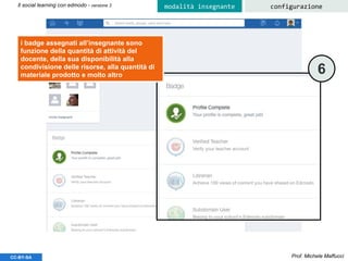 Prof. Michele MaffucciCC-BY-SA
Il social learning con edmodo - versione 3 configurazionemodalità insegnante
programma da condividere con i propri
studenti. Se desiderate aggiungere
ulteriori argomenti selezionare: “Add
Schedule Information”
6
i badge assegnati all’insegnante sono
funzione della quantità di attività del
docente, della sua disponibilità alla
condivisione delle risorse, alla quantità di
materiale prodotto e molto altro
 