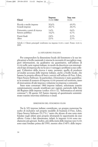 Imprese Imp. non
Clienti FLOSS (326) FLOSS
Piccole e medie imprese 52,6% 63,9%
Grandi imprese 24,7% 24,3%
Università e centri di ricerca 3,4% 0,6%
Settore pubblico 14,2% 6,7%
Utenti finali 2,8% 2,3%
Altro 2,3% 2,3%
Tabella 4. Clienti principali (confronto tra imprese FLOSS e non). Fonte: ELISS II,
2005.
LA SITUAZIONE ITALIANA
Per comprendere la dimensione locale del fenomeno e le sue im-
plicazioni a livello nazionale è emersa la necessità di raccogliere mag-
giori informazioni, sia qualitative sia quantitative, sull’utilizzo di
FLOSS nelle varie regioni italiane, in modo da descrivere con sistemati-
cità il tipo di impresa che ne fa uso e i vantaggi e problemi a esso colle-
gati. L’obiettivo della ricerca è stato, pertanto, quello di produrre
un’analisi accurata delle imprese italiane, anche a livello locale, che
basano la propria offerta di beni e servizi sull’utilizzo di Free, Libre,
Open Source Software. In particolare, il fenomeno è stato quantifica-
to in termini di numero di imprese FLOSS presenti sul territorio, tasso
di innovazione di tale imprese e relazione tra imprese e comunità.
Sono state contattate 1860 imprese italiane, selezionate tramite
campionamento casuale stratificato per regioni, partendo dalle liste
del Registro delle imprese (codice ATECO 72, “Informatica ed attività
connesse”). Di queste 323 hanno risposto al questionario sommini-
strato tramite intervista telefonica o email.
DIMENSIONI DEL FENOMENO FLOSS
Tra le 323 imprese italiane considerate, un gruppo numeroso ha
scelto di includere nel proprio modello di business il Free, Libre,
Open Source Software (51,7%),7
tanto che alcune di esse sono state
fondate negli ultimi anni proprio sfruttando le opportunità da esso
offerte. Come i dati dimostrano, infatti, le imprese FLOSS sono me-
diamente più giovani. Inoltre, più della metà delle imprese non FLOSS
sono state fondate prima del 1993, mentre oltre il 40% delle impre-
14
floss.QXD 29-04-2010 11:12 Pagina 14
 