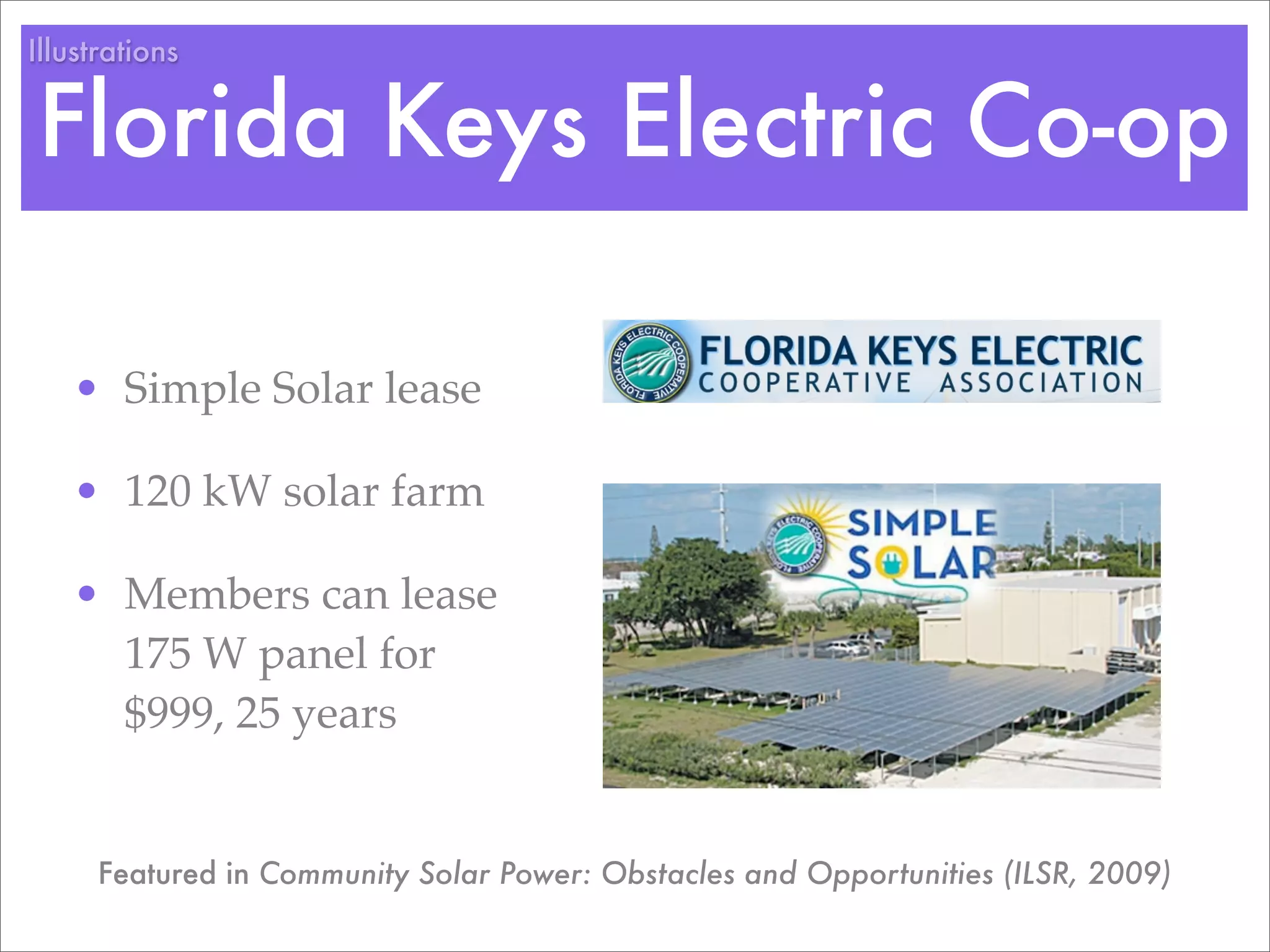 Illustrations


Florida Keys Electric Co-op

   • Simple Solar lease

   • 120 kW solar farm

   • Members can lease
     175 W panel for
     $999, 25 years


      Featured in Community Solar Power: Obstacles and Opportunities (ILSR, 2009)
 