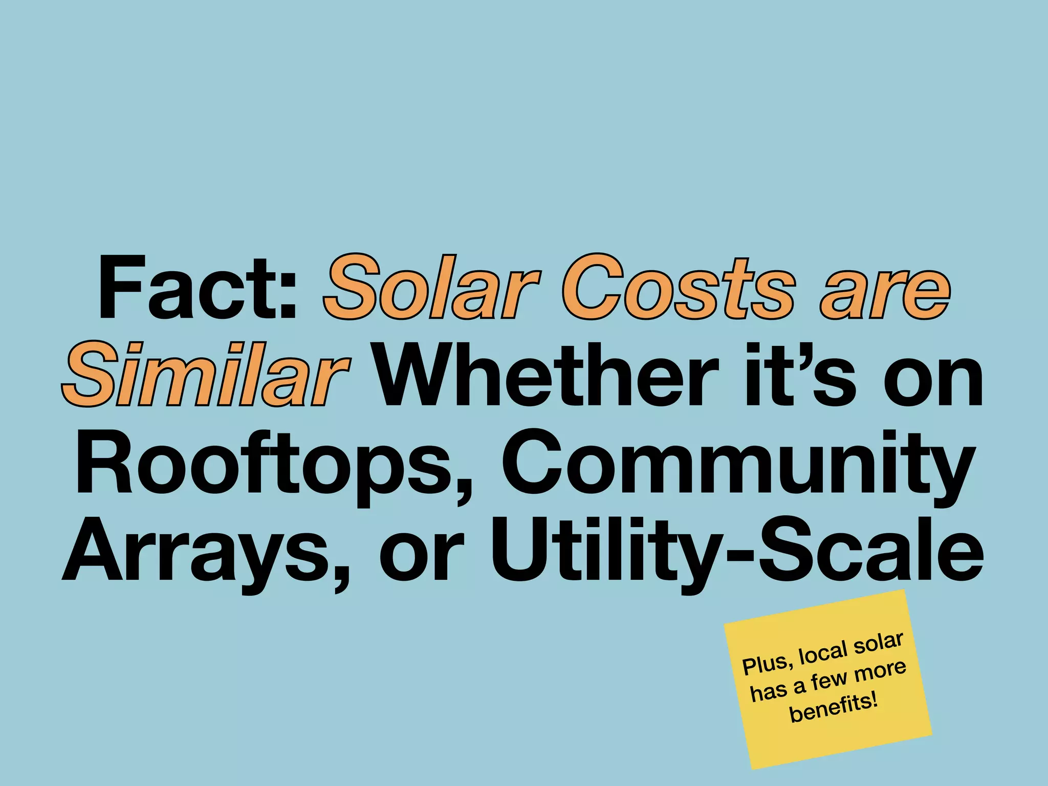 Fact: Solar Costs are
Similar Whether it’s on
Rooftops, Community
Arrays, or Utility-Scale
Plus, local solar
has a few more
bene
fi
ts!
 
