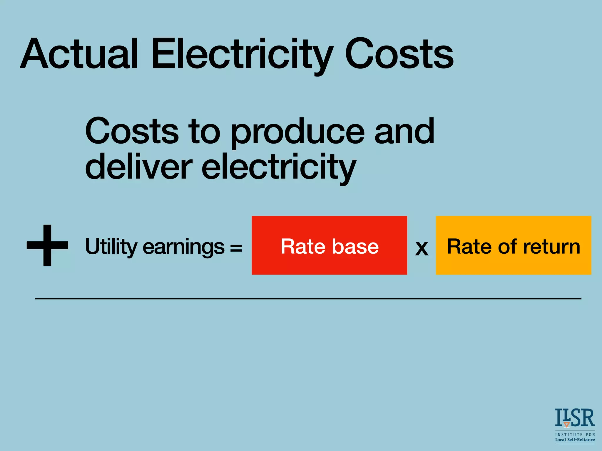 Actual Electricity Costs
Rate base Rate of return
x
Utility earnings =
Costs to produce and
deliver electricity
 