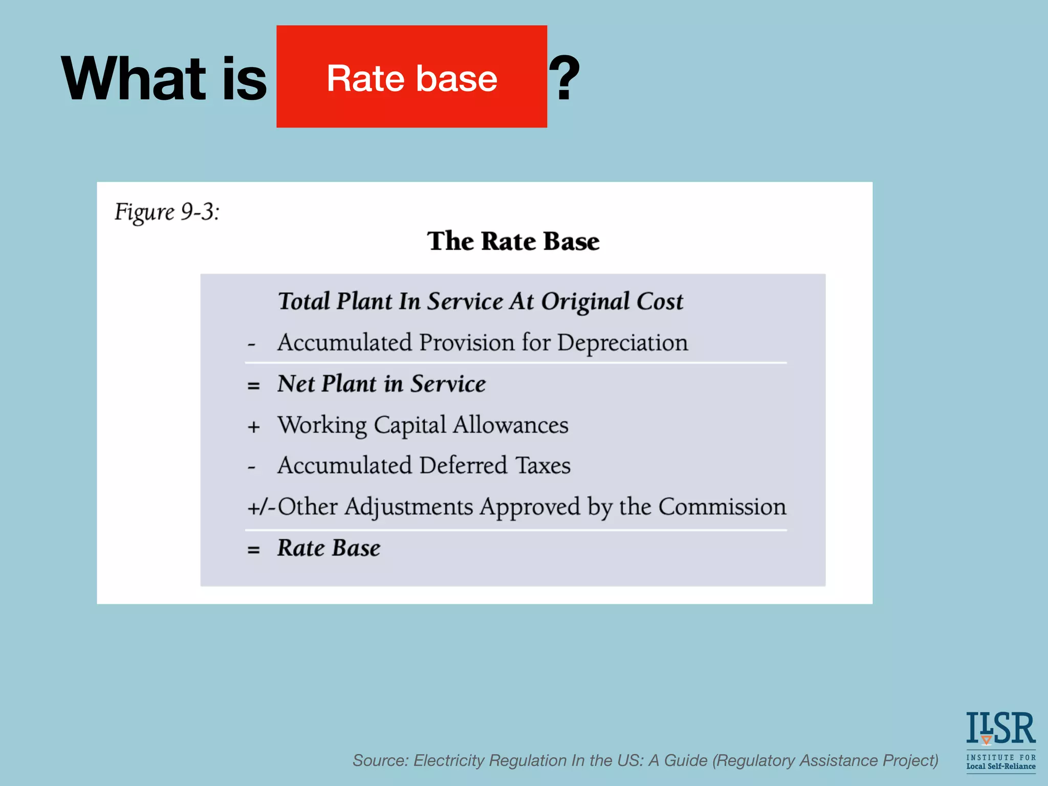 What is Ratebase?
Source: Electricity Regulation In the US: A Guide (Regulatory Assistance Project)
Rate base
 
