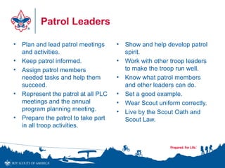 Patrol Leaders
• Plan and lead patrol meetings
and activities.
• Keep patrol informed.
• Assign patrol members
needed tasks and help them
succeed.
• Represent the patrol at all PLC
meetings and the annual
program planning meeting.
• Prepare the patrol to take part
in all troop activities.
• Show and help develop patrol
spirit.
• Work with other troop leaders
to make the troop run well.
• Know what patrol members
and other leaders can do.
• Set a good example.
• Wear Scout uniform correctly.
• Live by the Scout Oath and
Scout Law.
 