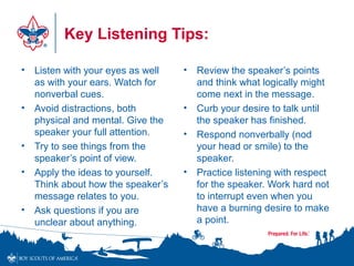Key Listening Tips:
• Listen with your eyes as well
as with your ears. Watch for
nonverbal cues.
• Avoid distractions, both
physical and mental. Give the
speaker your full attention.
• Try to see things from the
speaker’s point of view.
• Apply the ideas to yourself.
Think about how the speaker’s
message relates to you.
• Ask questions if you are
unclear about anything.
• Review the speaker’s points
and think what logically might
come next in the message.
• Curb your desire to talk until
the speaker has finished.
• Respond nonverbally (nod
your head or smile) to the
speaker.
• Practice listening with respect
for the speaker. Work hard not
to interrupt even when you
have a burning desire to make
a point.
 