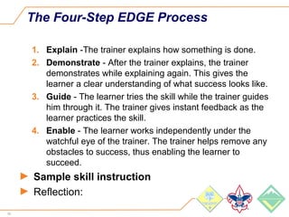 54
The Four-Step EDGE Process
1. Explain -The trainer explains how something is done.
2. Demonstrate - After the trainer explains, the trainer
demonstrates while explaining again. This gives the
learner a clear understanding of what success looks like.
3. Guide - The learner tries the skill while the trainer guides
him through it. The trainer gives instant feedback as the
learner practices the skill.
4. Enable - The learner works independently under the
watchful eye of the trainer. The trainer helps remove any
obstacles to success, thus enabling the learner to
succeed.
► Sample skill instruction
► Reflection:
 
